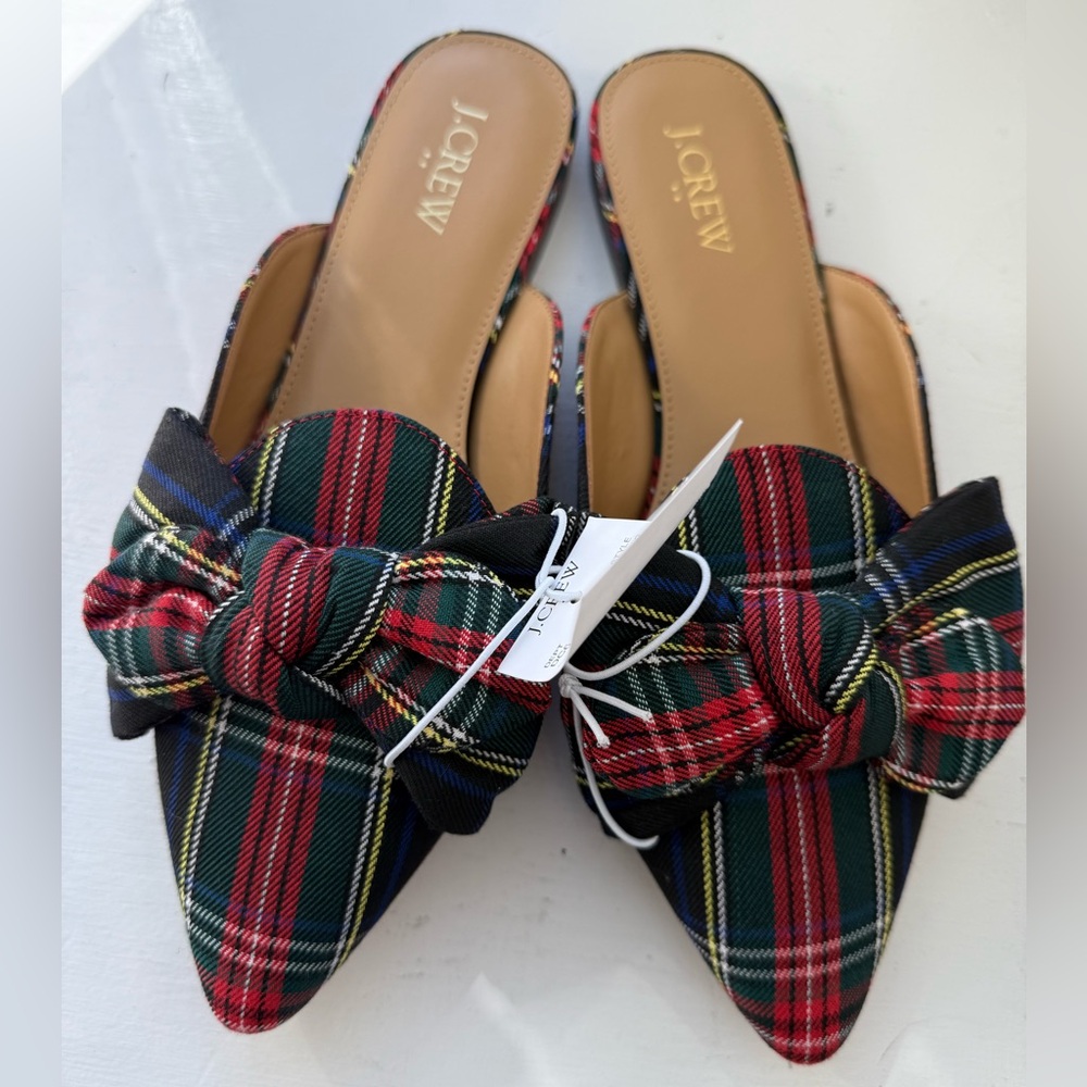 J. Crew Women's Tartan Slip-On Holiday Plaid Bow Mules NWT Size 8